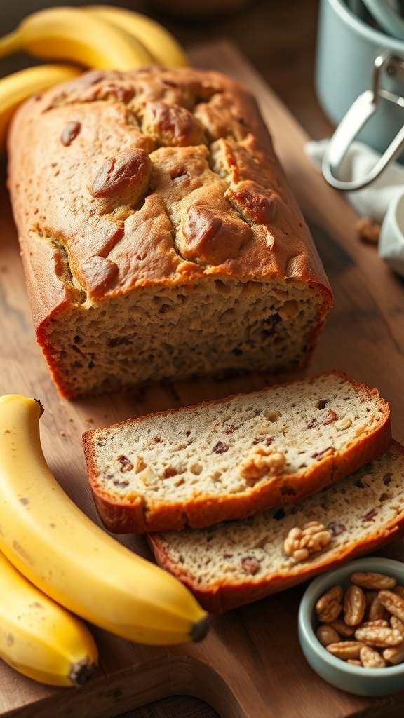 A loaf of old-fashioned banana bread sliced on a wooden board with bananas and nuts.